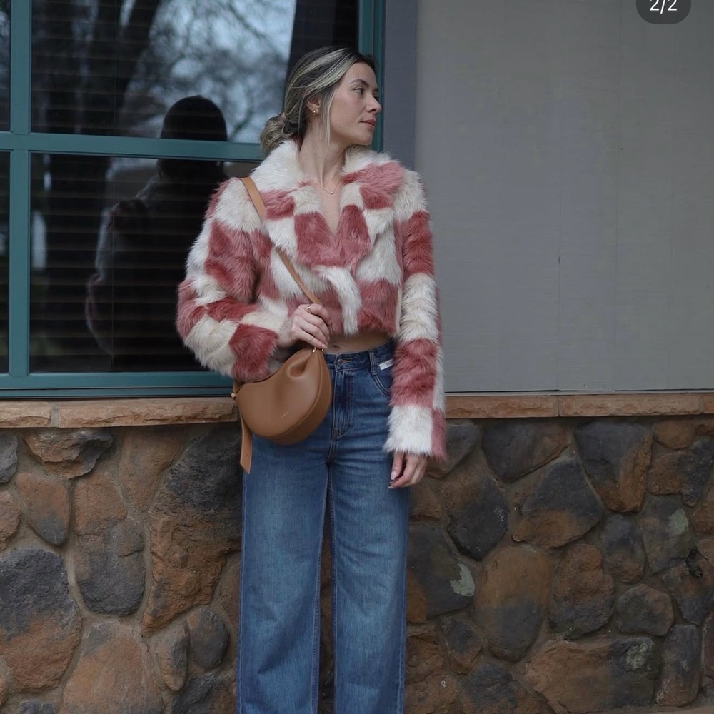 REVOLVE - MAJORELLE Pink & Cream Faux Fur Cropped Jacket